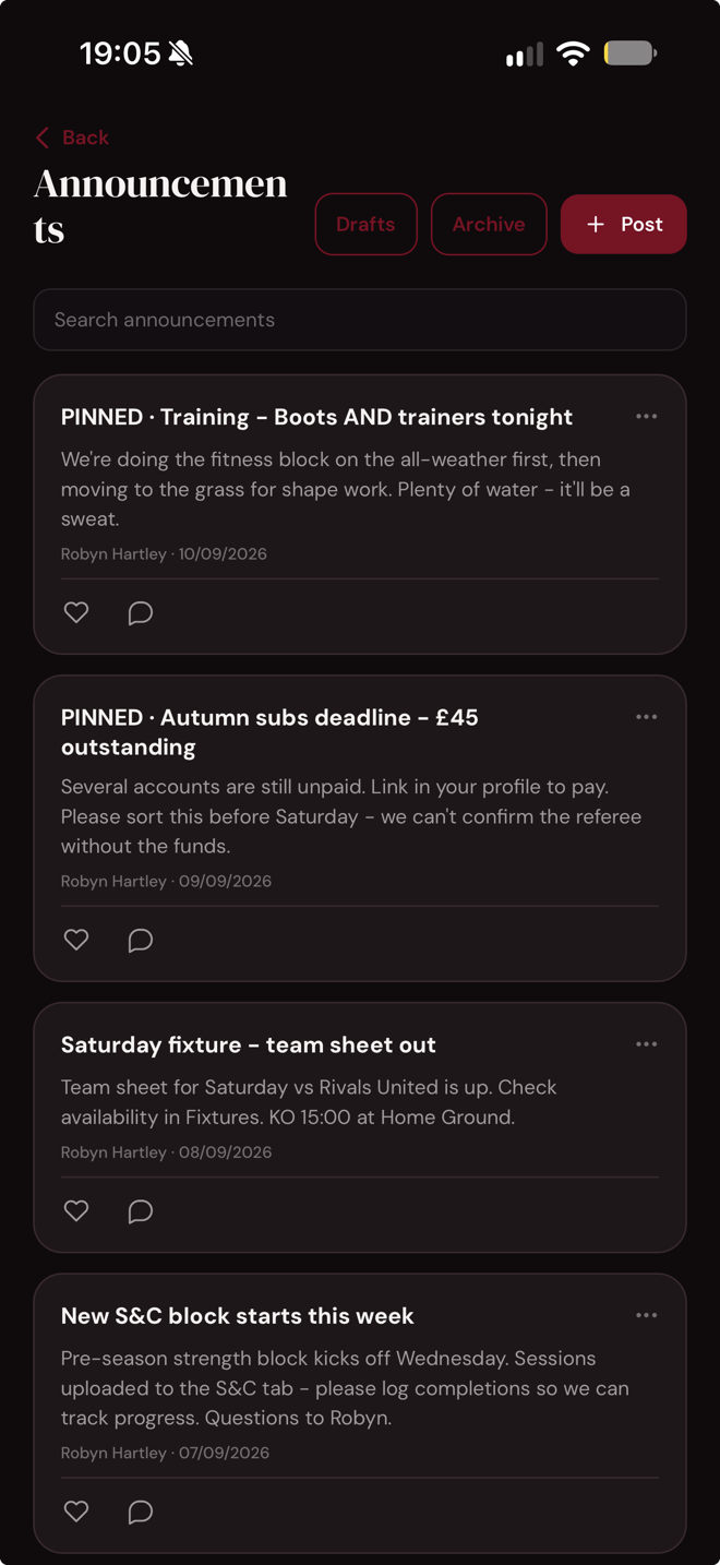 Announcements screen in the ClubHQ&trade; app