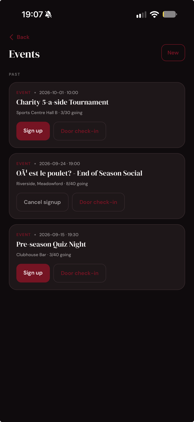 Socials & Events screen in the ClubHQ&trade; app