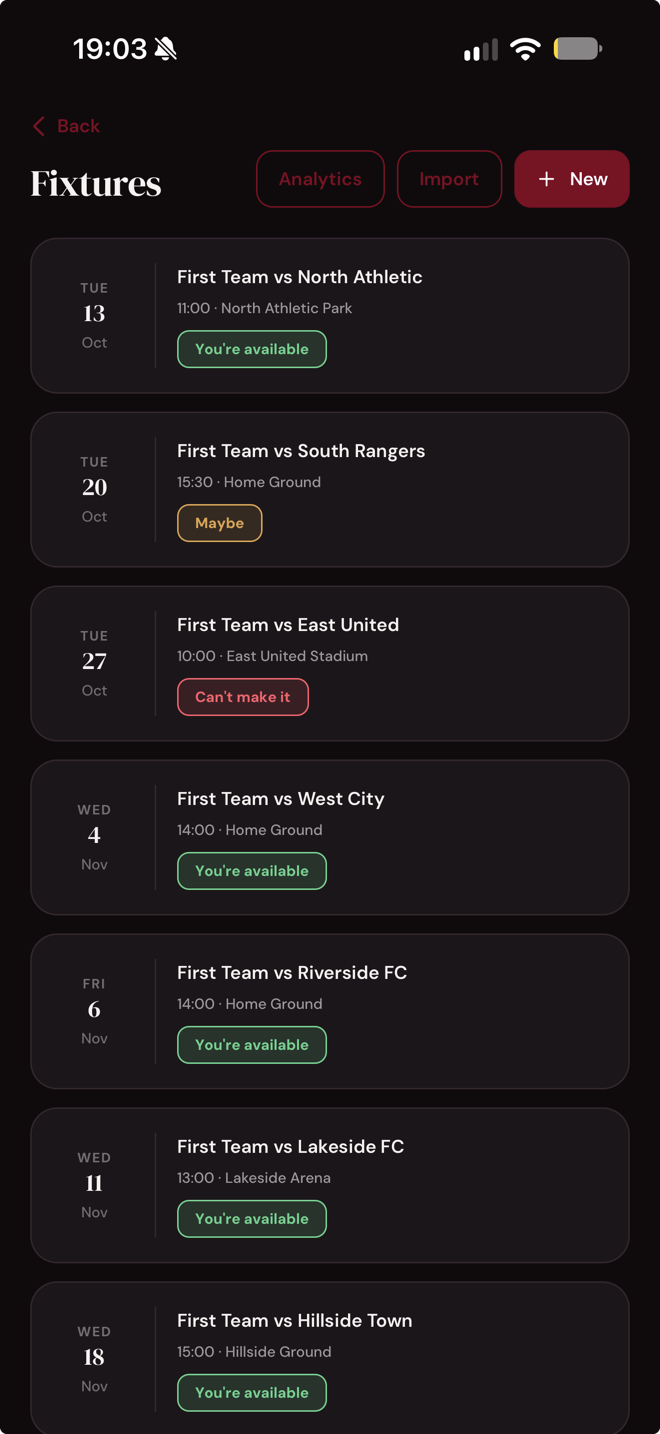 Fixtures screen in the ClubHQ&trade; app, listing upcoming matches with each player's availability