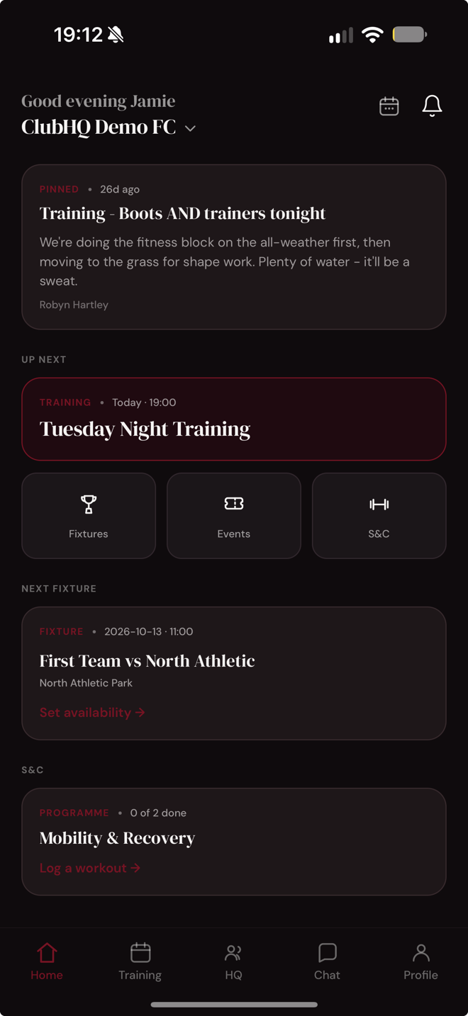 The ClubHQ&trade; mobile app home screen